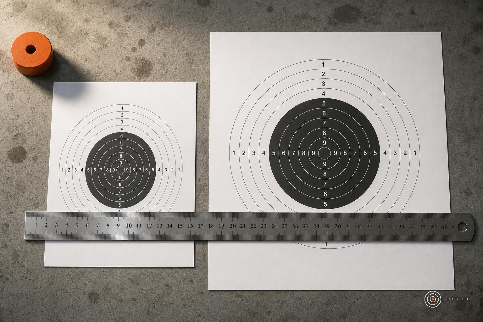 A4 and A3 paper shooting targets side by side with a steel ruler